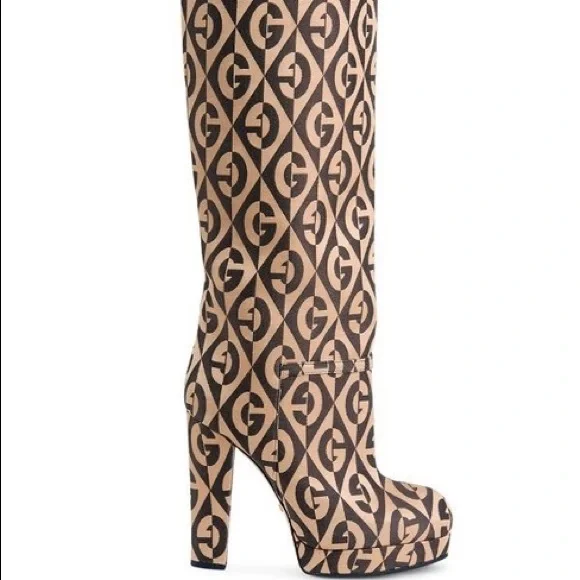 GUCCI Fabric G Rhombus Print Platform Boots Size EU37.5/ US7.5 Beige Cocoa - Picture 9 of 16